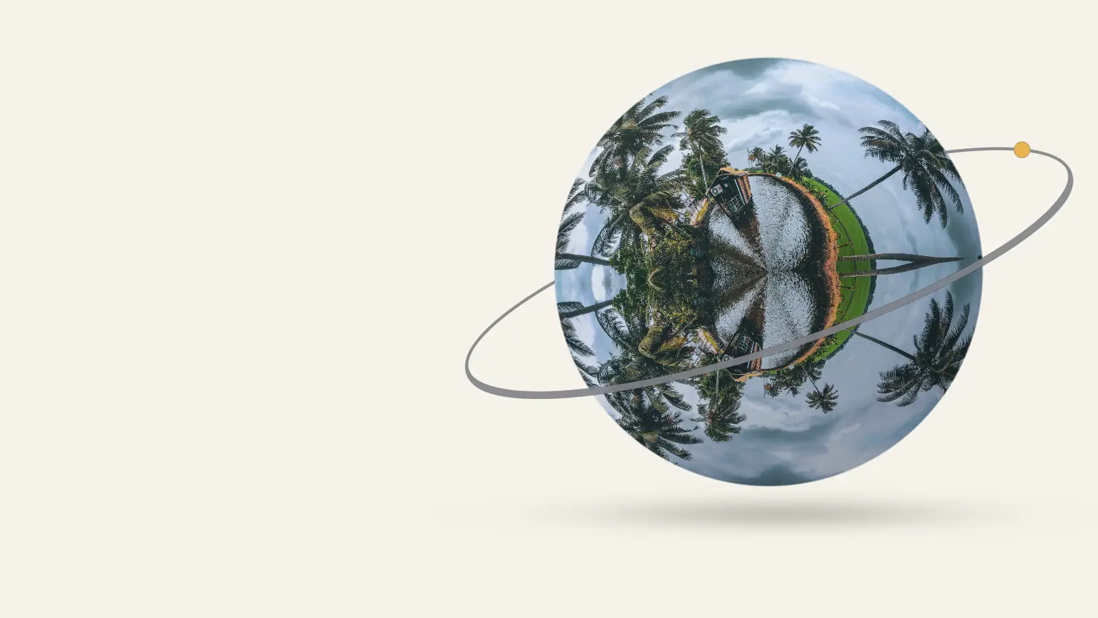 Kerala as a little planet: Scenic houseboat on a tranquil canal surrounded by lush palm trees in Kerala, India