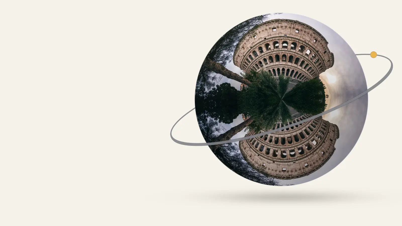 Rome as a little planet: Captivating wide-angle shot of Rome's iconic Colosseum with a serene sunset backdrop