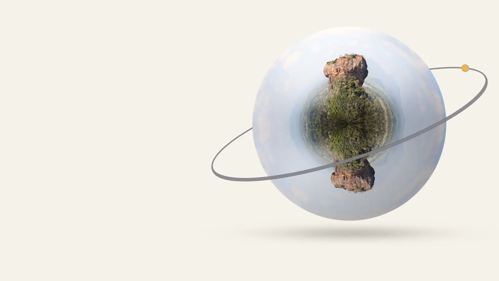 Sri Lanka as a little planet: View of the iconic Sigiriya Rock Fortress, surrounded by lush vegetation in Sri Lanka