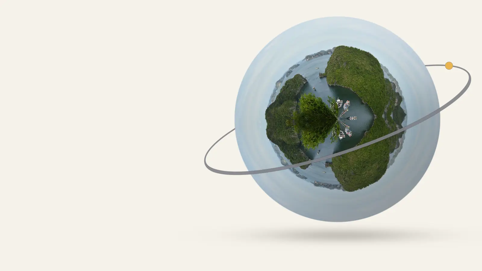 Vietnam as a little planet: A breathtaking view of Ha Long Bay featuring limestone islands and tour boats on a calm day