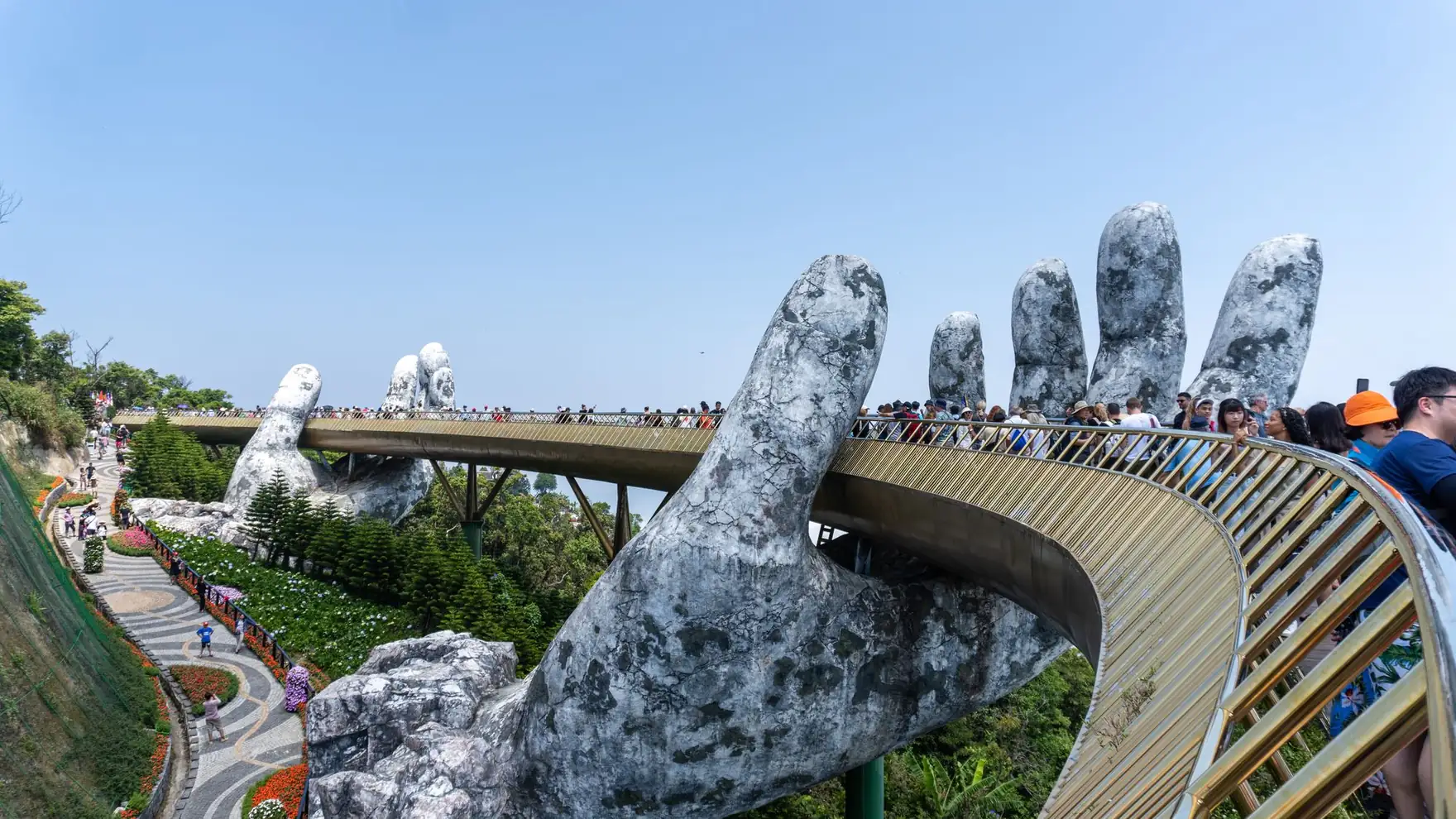 View of the iconic Golden Bridge with stone hands in Da Nang, Vietnam