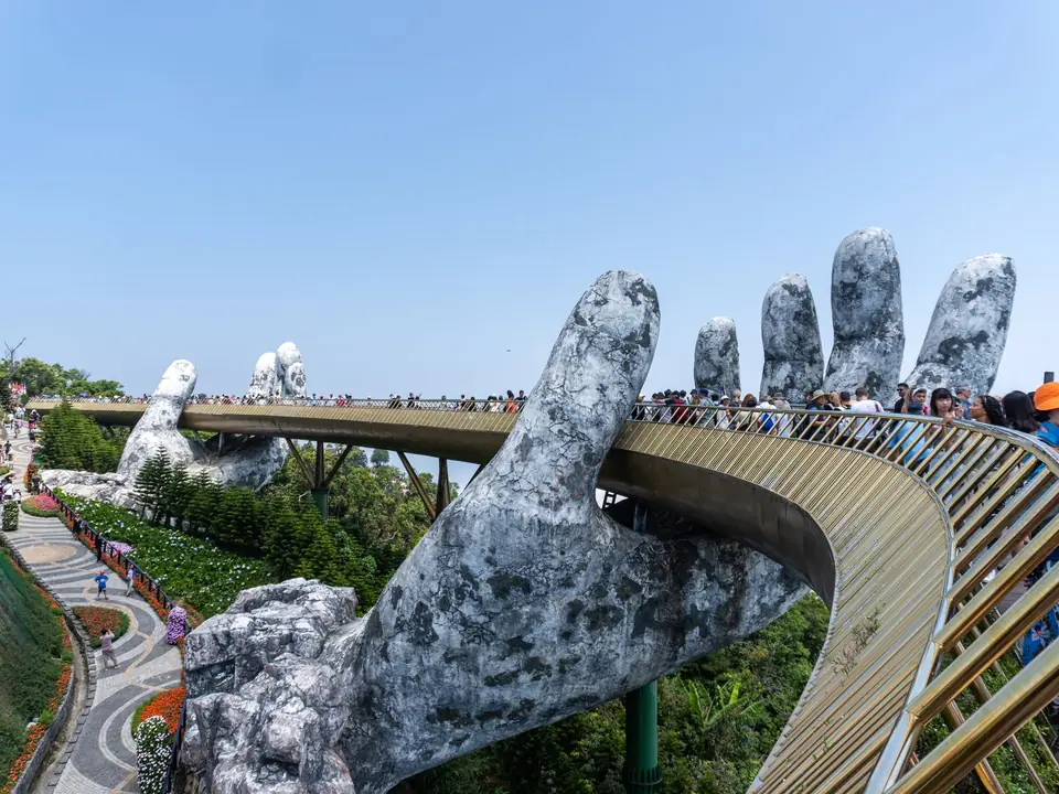 View of the iconic Golden Bridge with stone hands in Da Nang, Vietnam