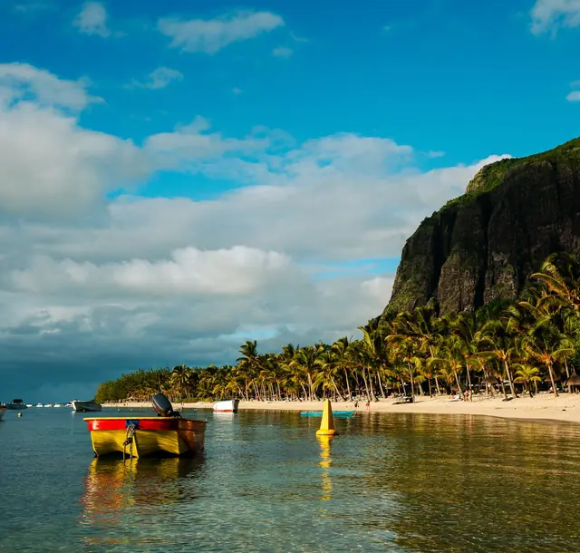 Serene beach scene with palm trees and boats at Le Morne, Mauritius during a sunny day