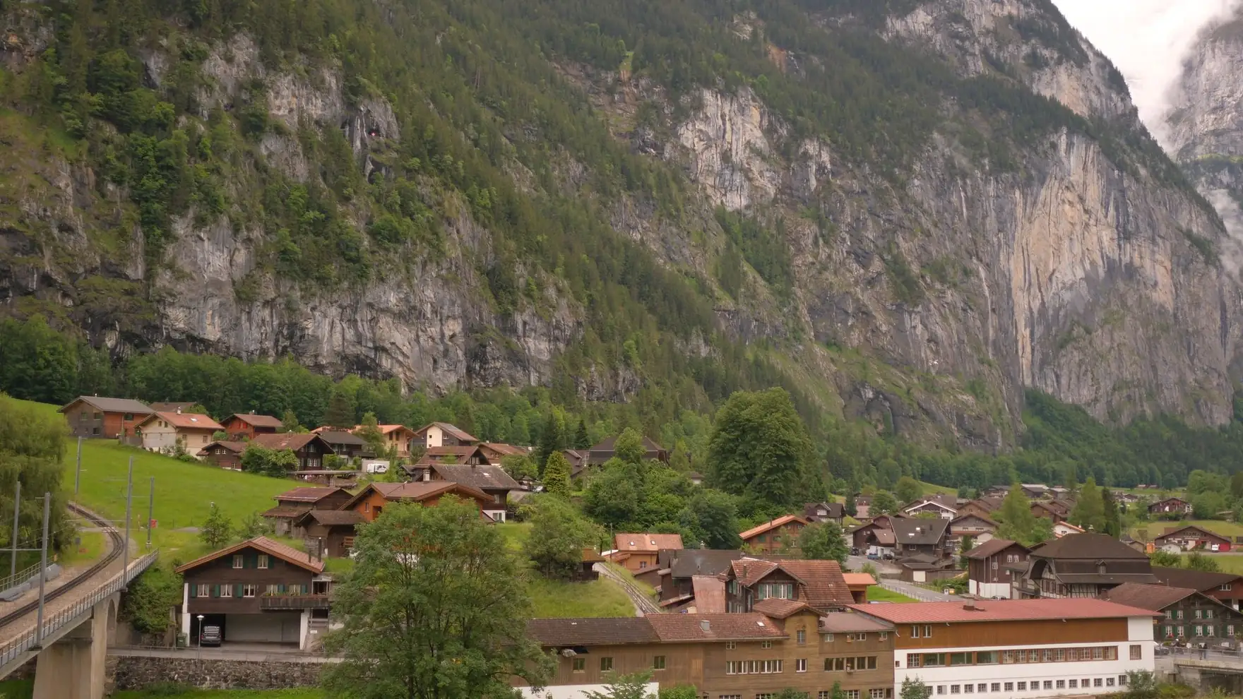 Lauterbrunnen village nestled amidst the Swiss Alps, showcasing charming chalets and stunning mountain views